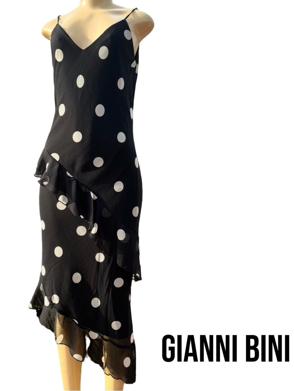 NWT Gianni Bini Polka Dot Ruffle Midi Dress Black White Asymmetrical Hem S M $69